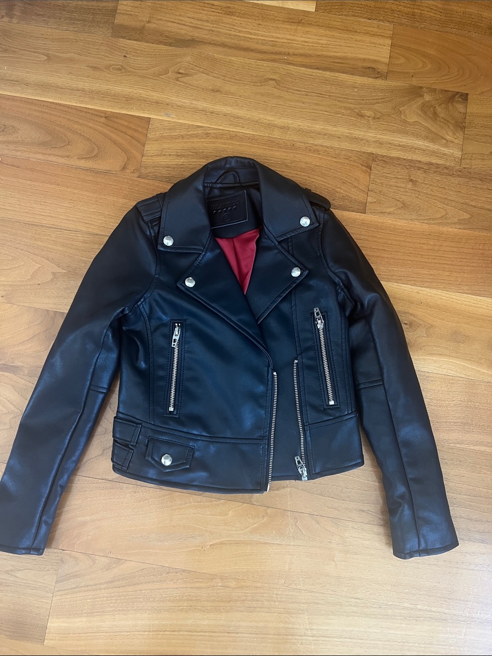 Blank NYC Black Faux Leather Moto Jacket with Red Lining